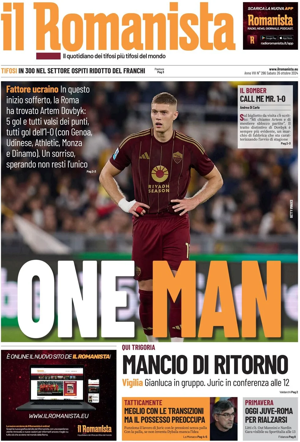 anteprima della prima pagina di il-romanista del 26/10/2024