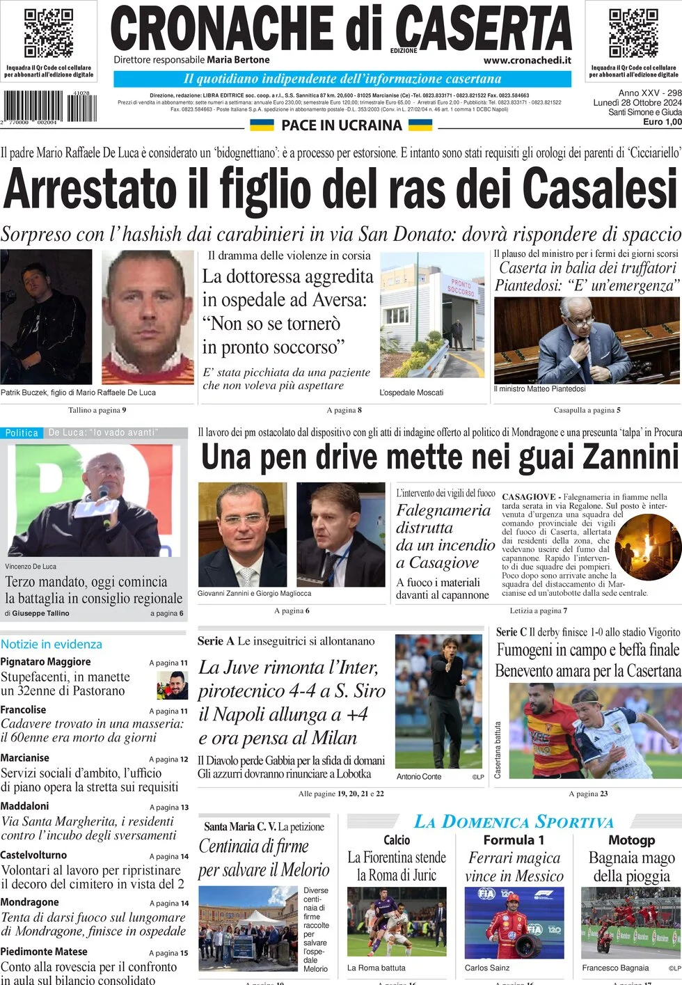 anteprima della prima pagina di cronache-di-caserta del 28/10/2024