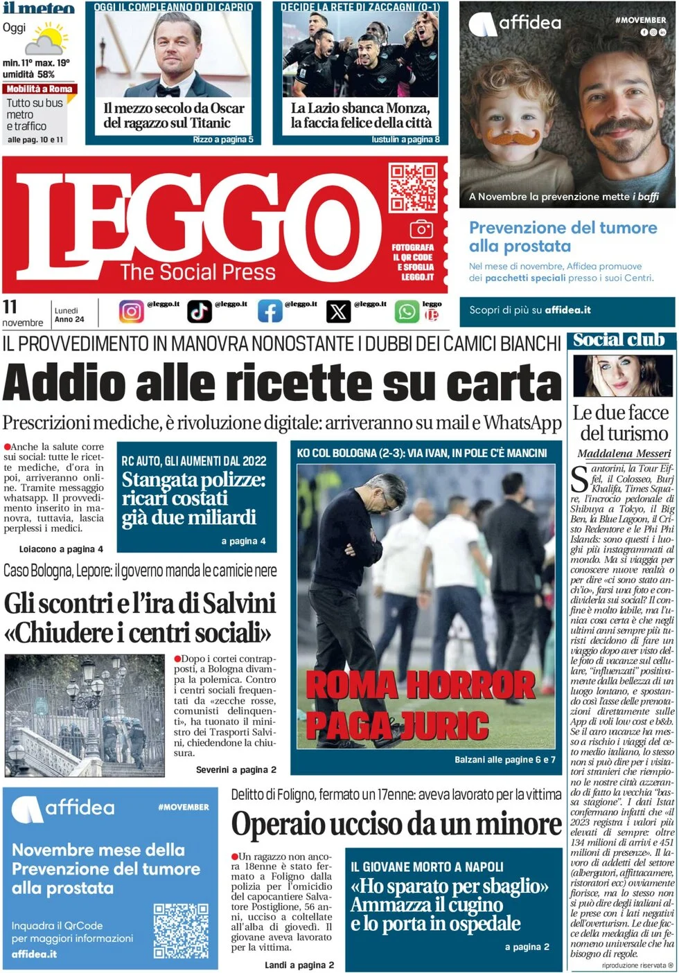 anteprima della prima pagina di leggo-roma del 11/11/2024