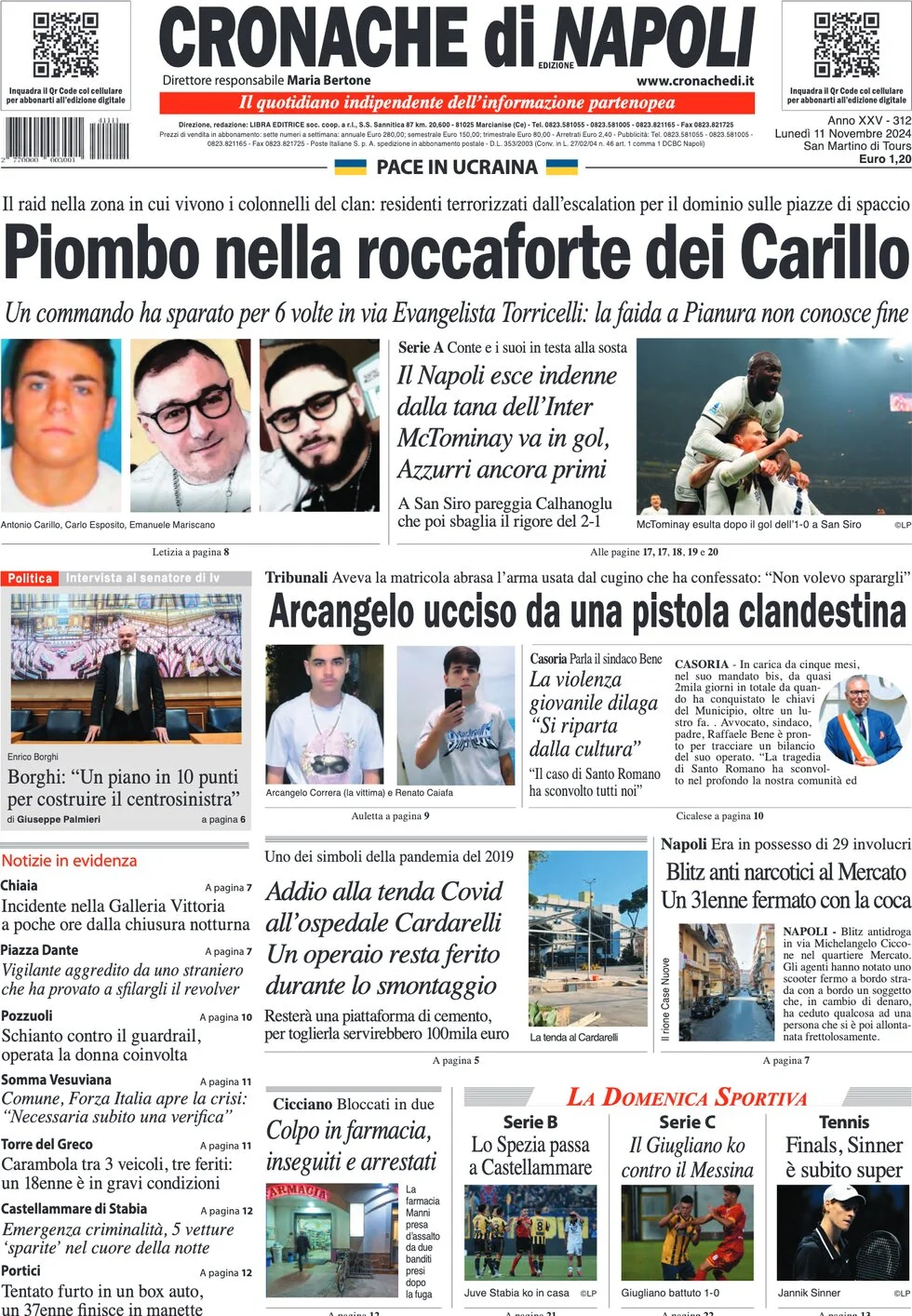 anteprima della prima pagina di cronache-di-napoli del 11/11/2024