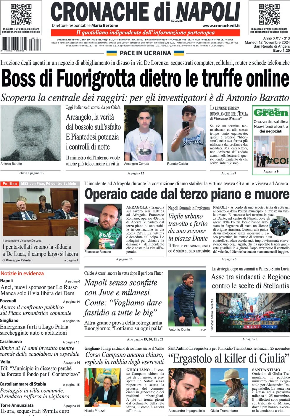 anteprima della prima pagina di cronache-di-napoli del 12/11/2024