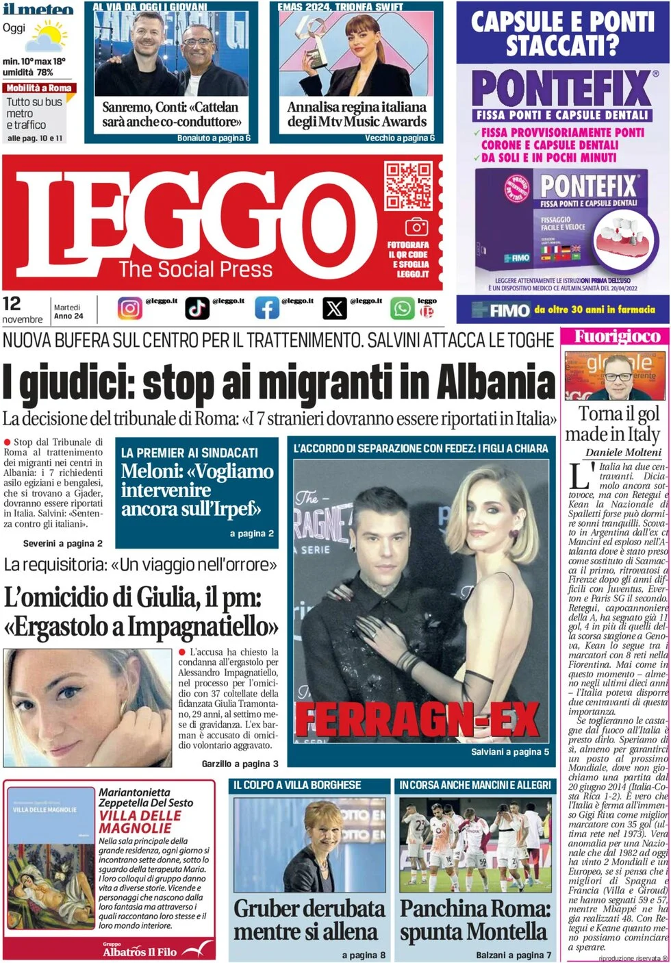 anteprima della prima pagina di leggo-roma del 12/11/2024