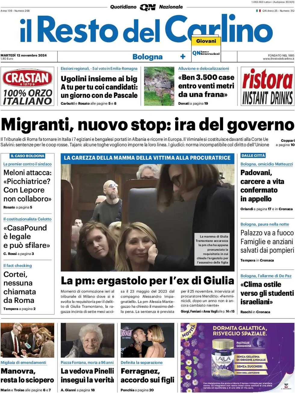 anteprima della prima pagina di il-resto-del-carlino del 12/11/2024