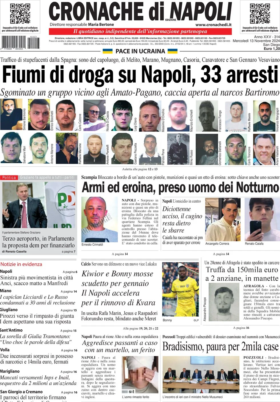 anteprima della prima pagina di cronache-di-napoli del 13/11/2024