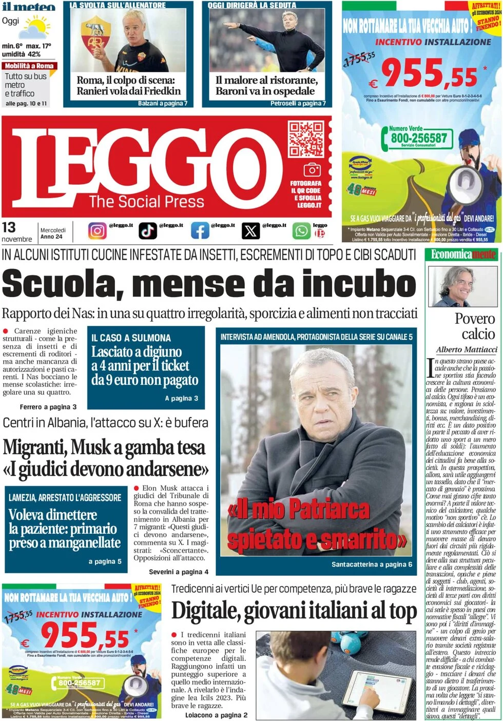 anteprima della prima pagina di leggo-roma del 13/11/2024