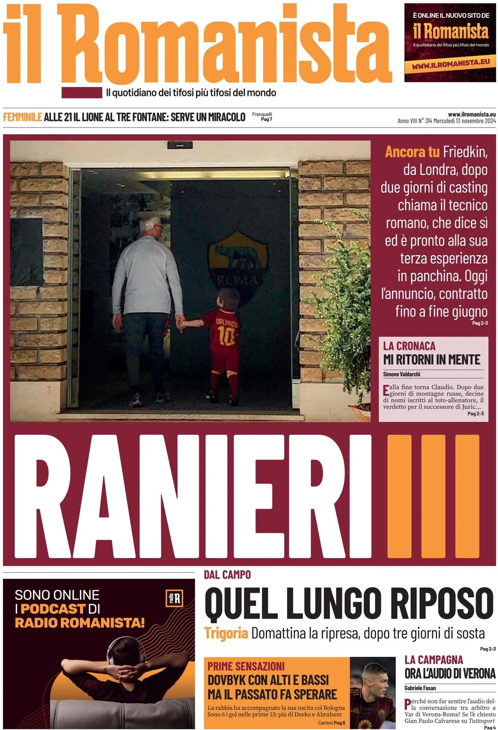 anteprima della prima pagina di il-romanista del 13/11/2024