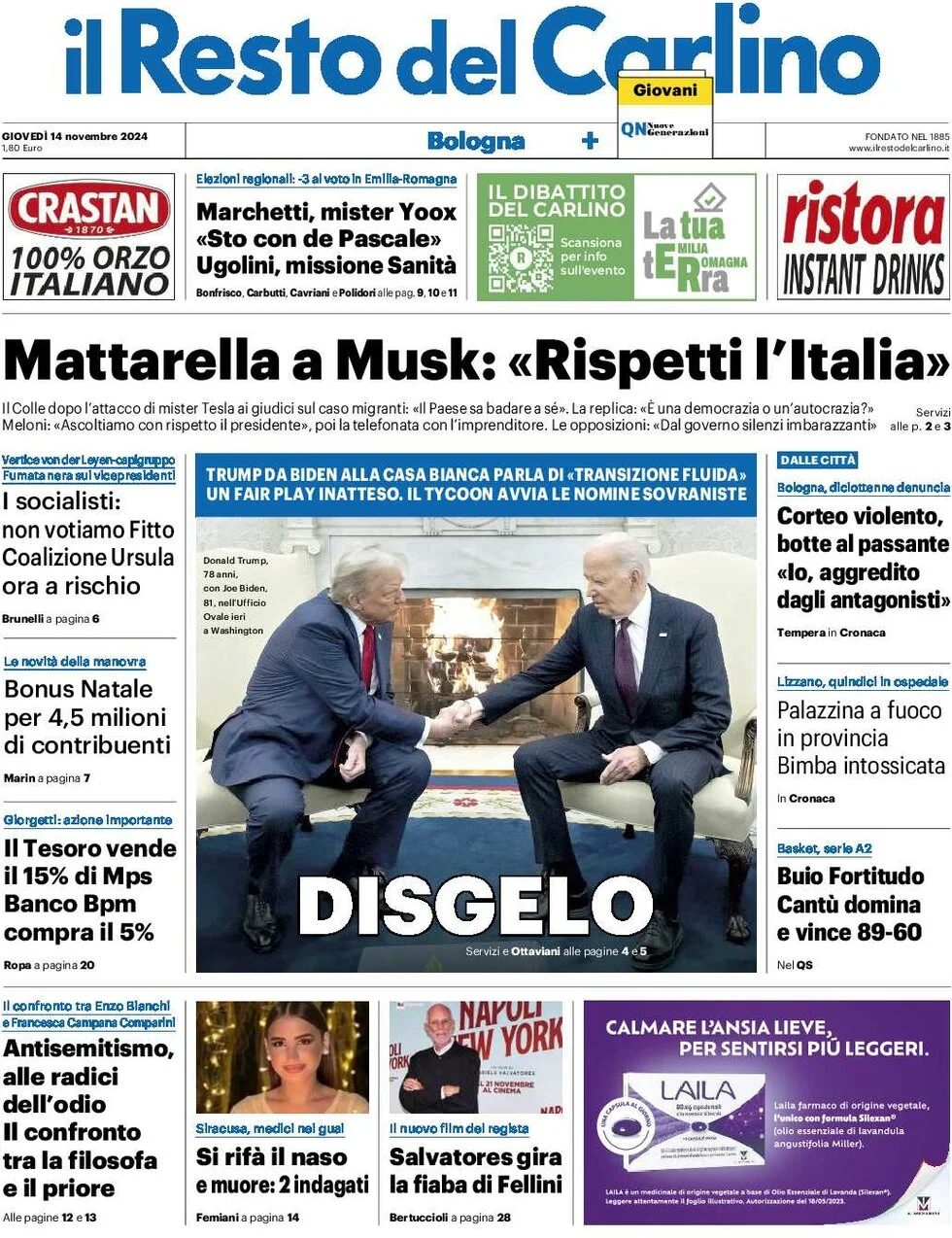 anteprima della prima pagina di il-resto-del-carlino del 14/11/2024
