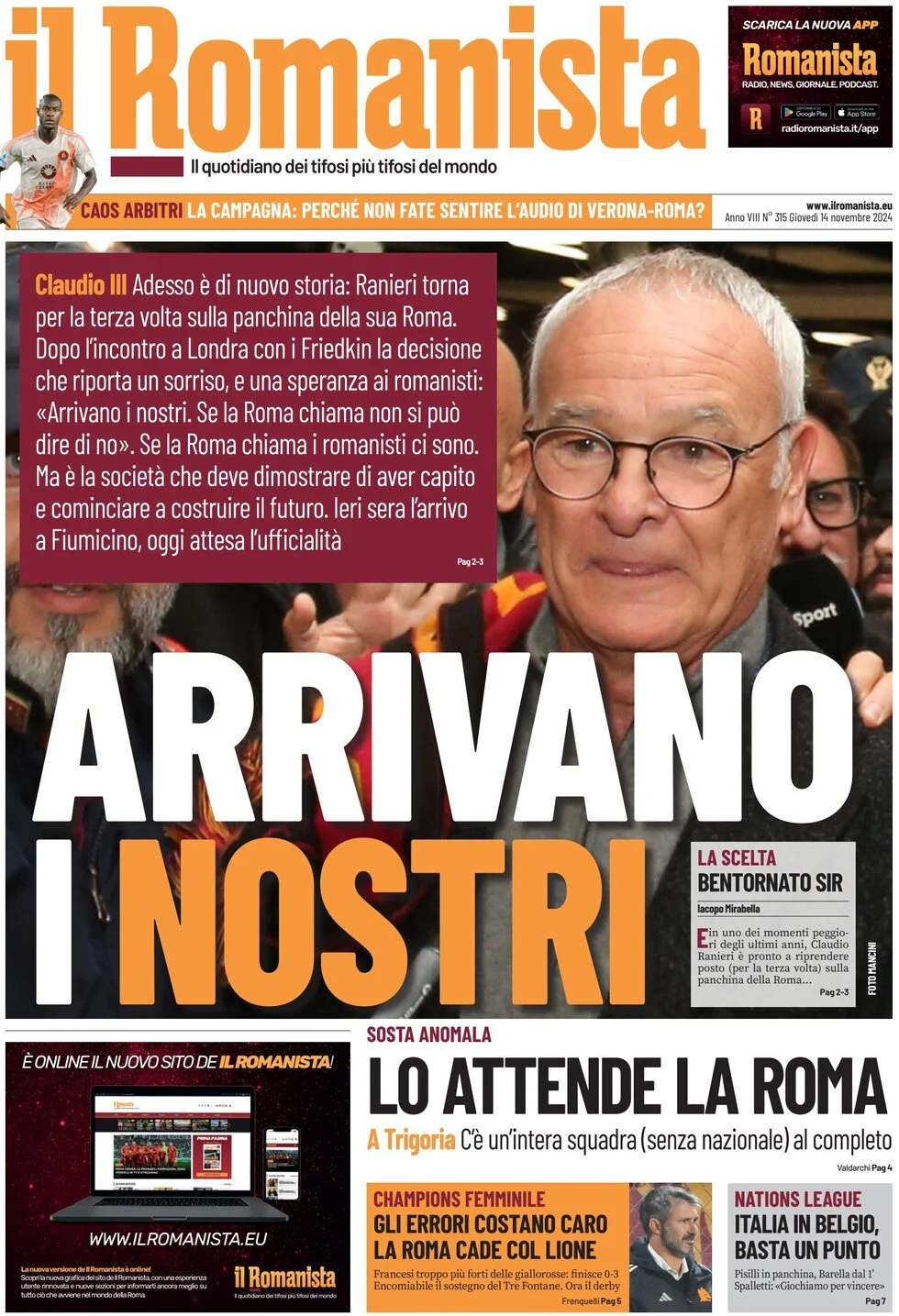 anteprima della prima pagina di il-romanista del 14/11/2024