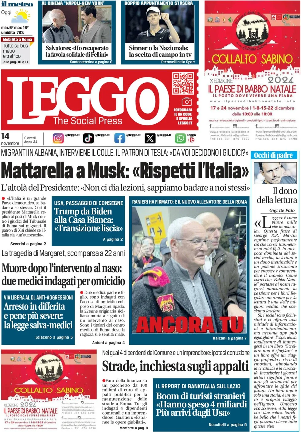 anteprima della prima pagina di leggo-roma del 14/11/2024