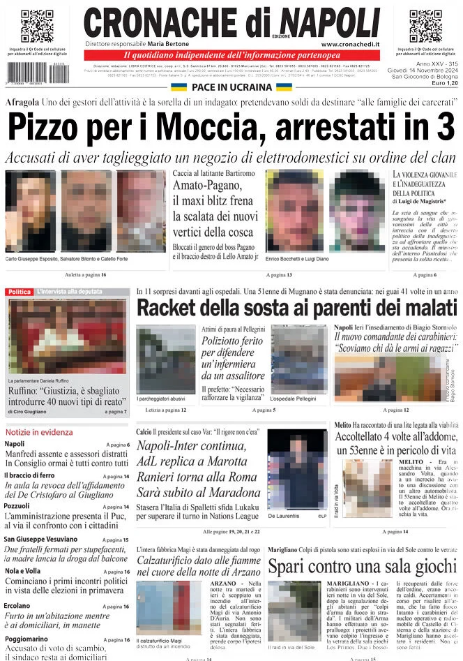 anteprima della prima pagina di cronache-di-napoli del 14/11/2024