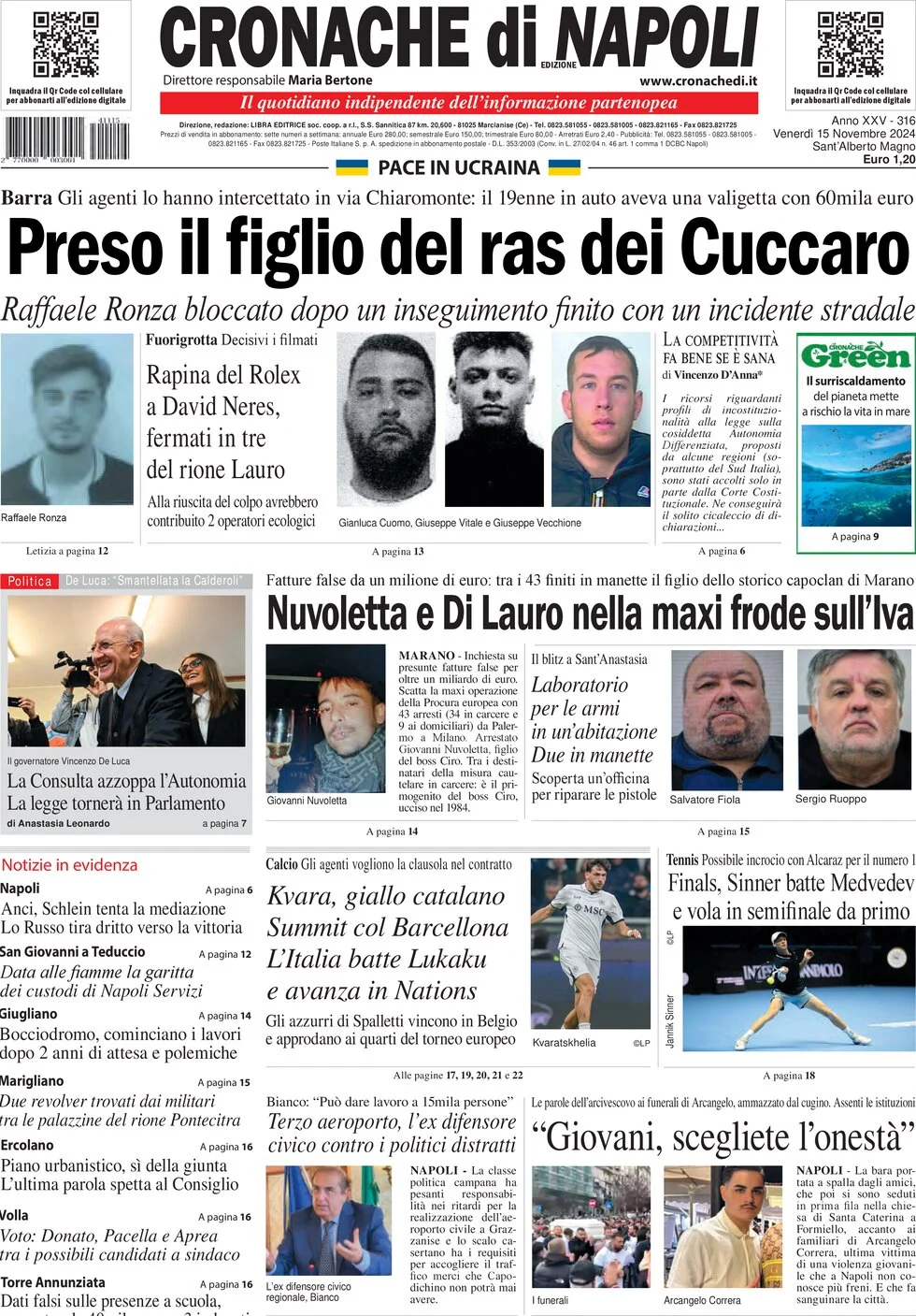 anteprima della prima pagina di cronache-di-napoli del 15/11/2024