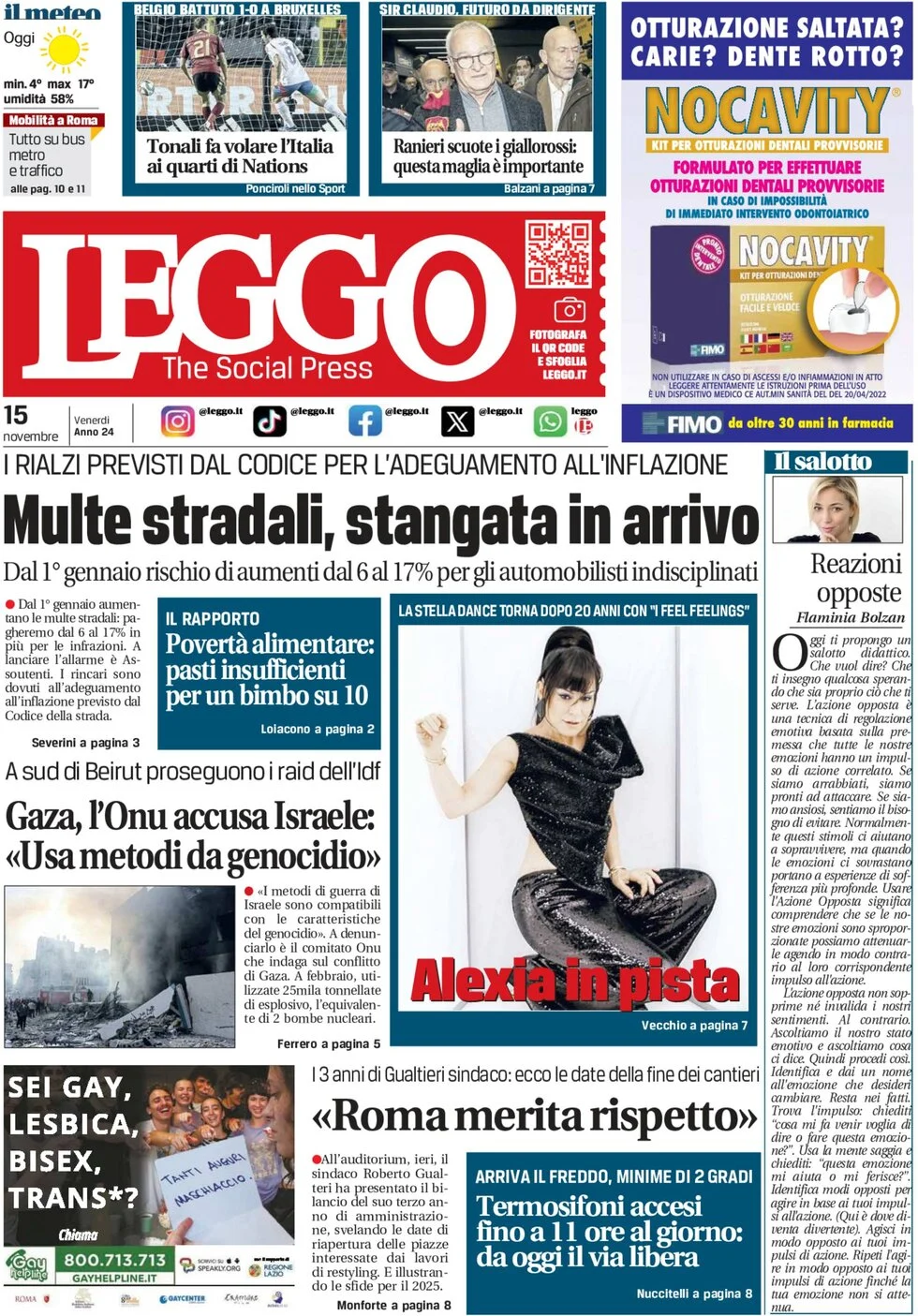 anteprima della prima pagina di leggo-roma del 15/11/2024