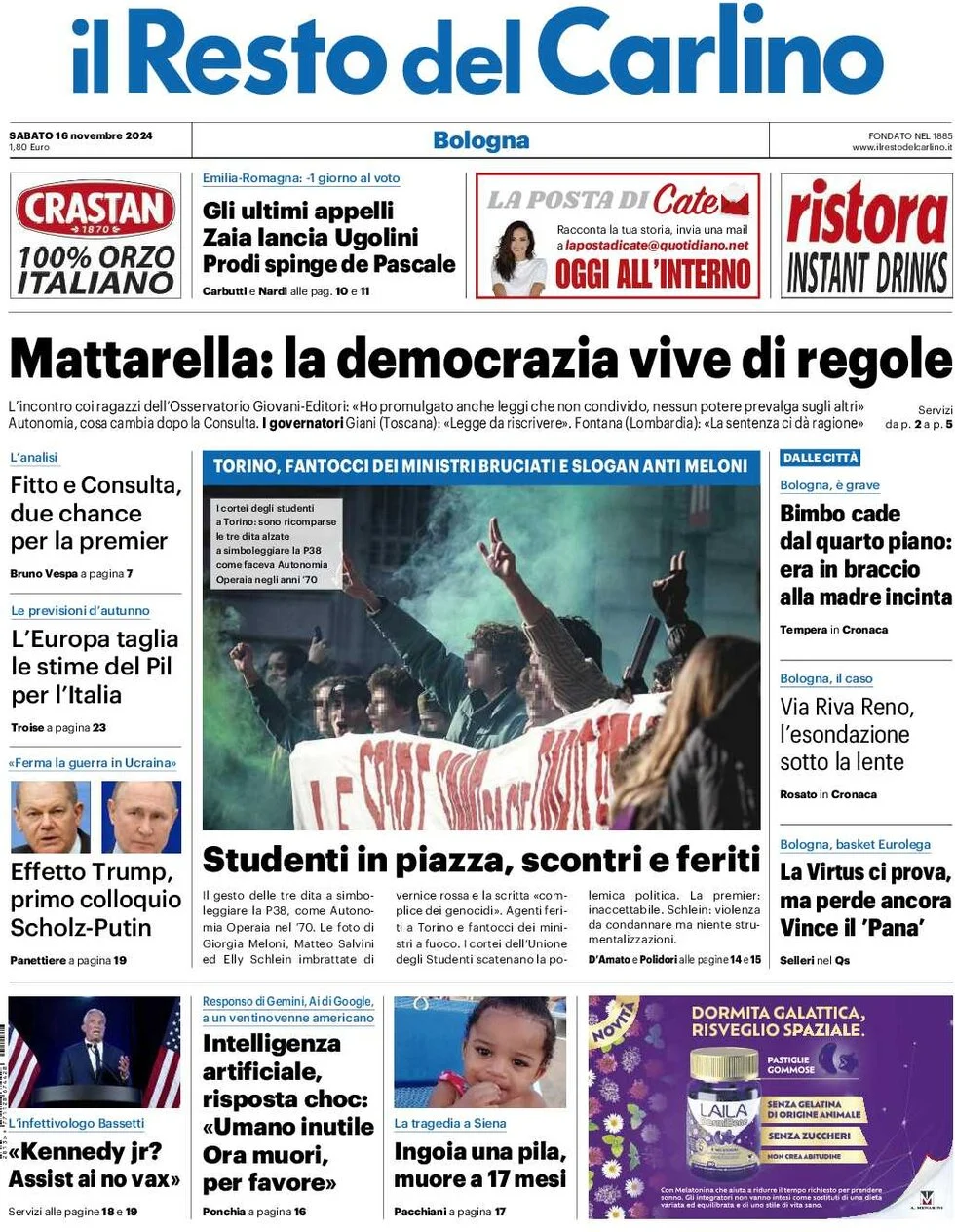 anteprima della prima pagina di il-resto-del-carlino del 16/11/2024