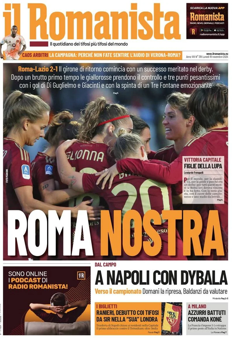anteprima della prima pagina di il-romanista del 18/11/2024