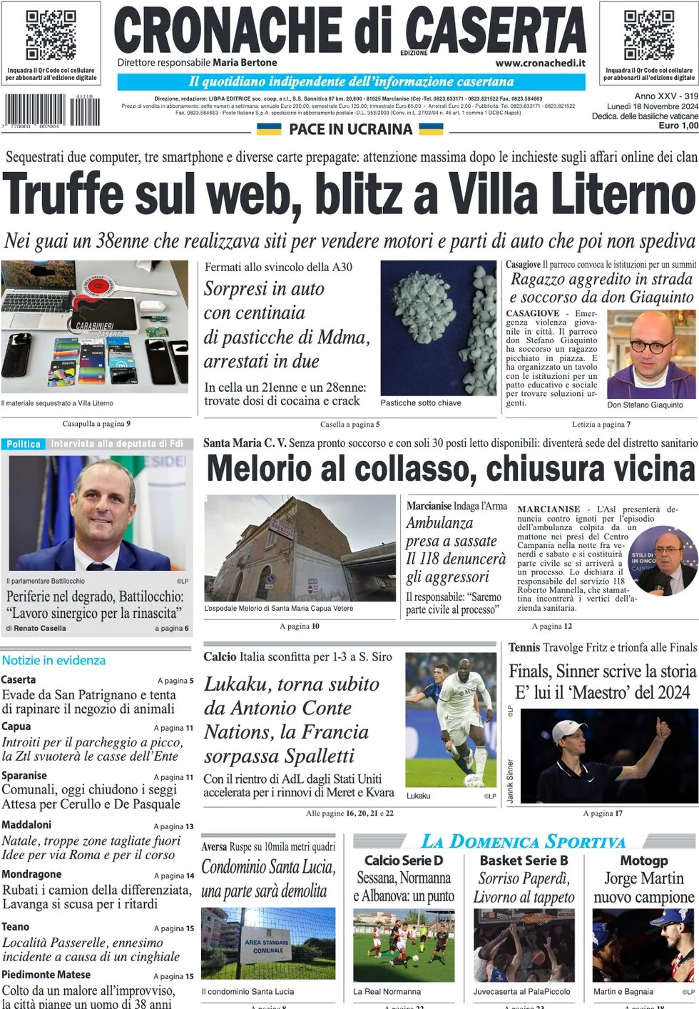 anteprima della prima pagina di cronache-di-caserta del 18/11/2024