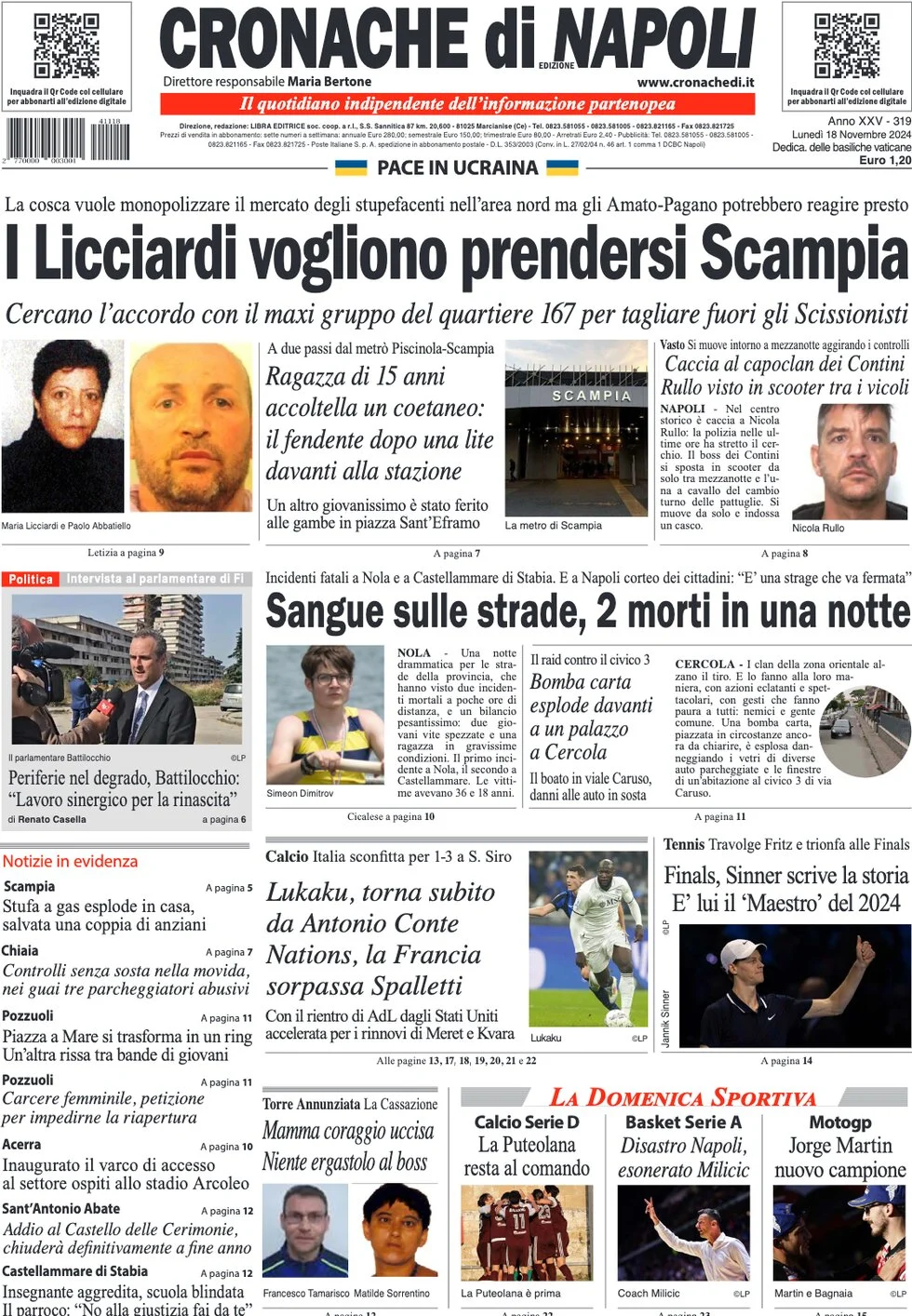 anteprima della prima pagina di cronache-di-napoli del 18/11/2024