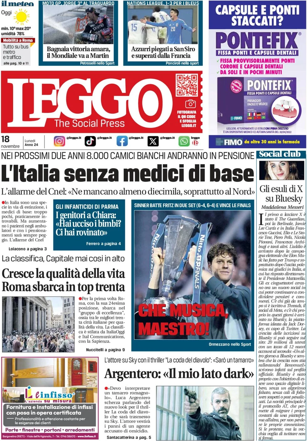 anteprima della prima pagina di leggo-roma del 18/11/2024