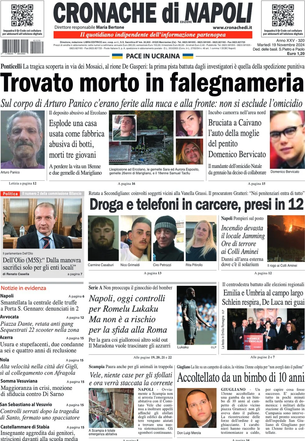 anteprima della prima pagina di cronache-di-napoli del 19/11/2024