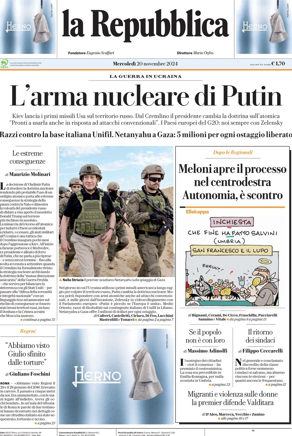 anteprima della prima pagina di La Repubblica