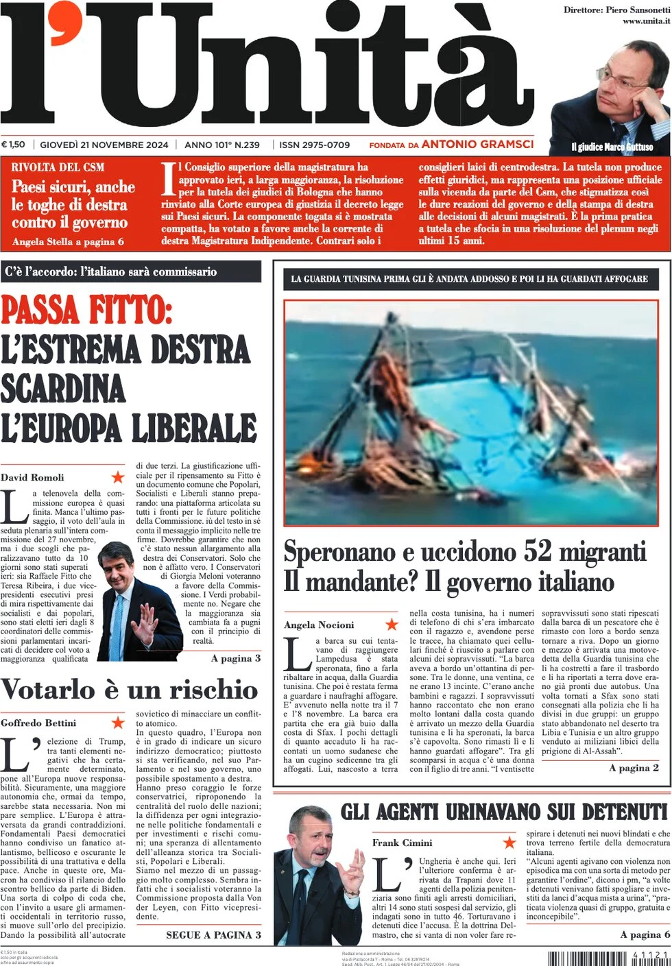 anteprima della prima pagina di L'Unità