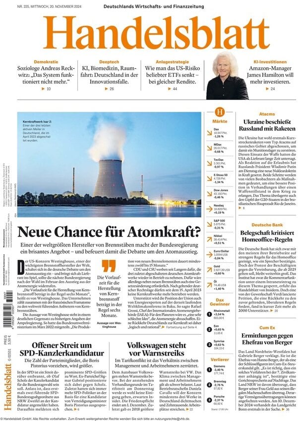 anteprima della prima pagina di Handelsblatt