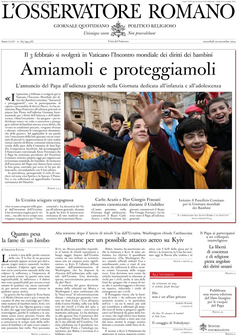 anteprima della prima pagina di L'Osservatore Romano