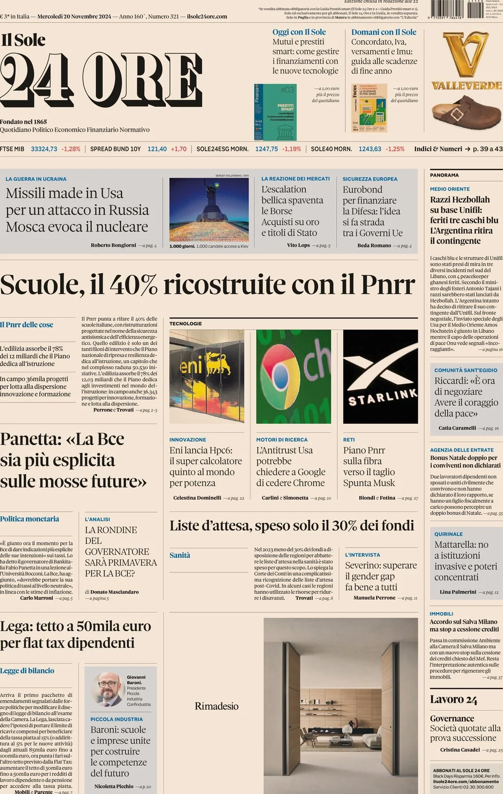 anteprima della prima pagina di Il Sole 24 Ore