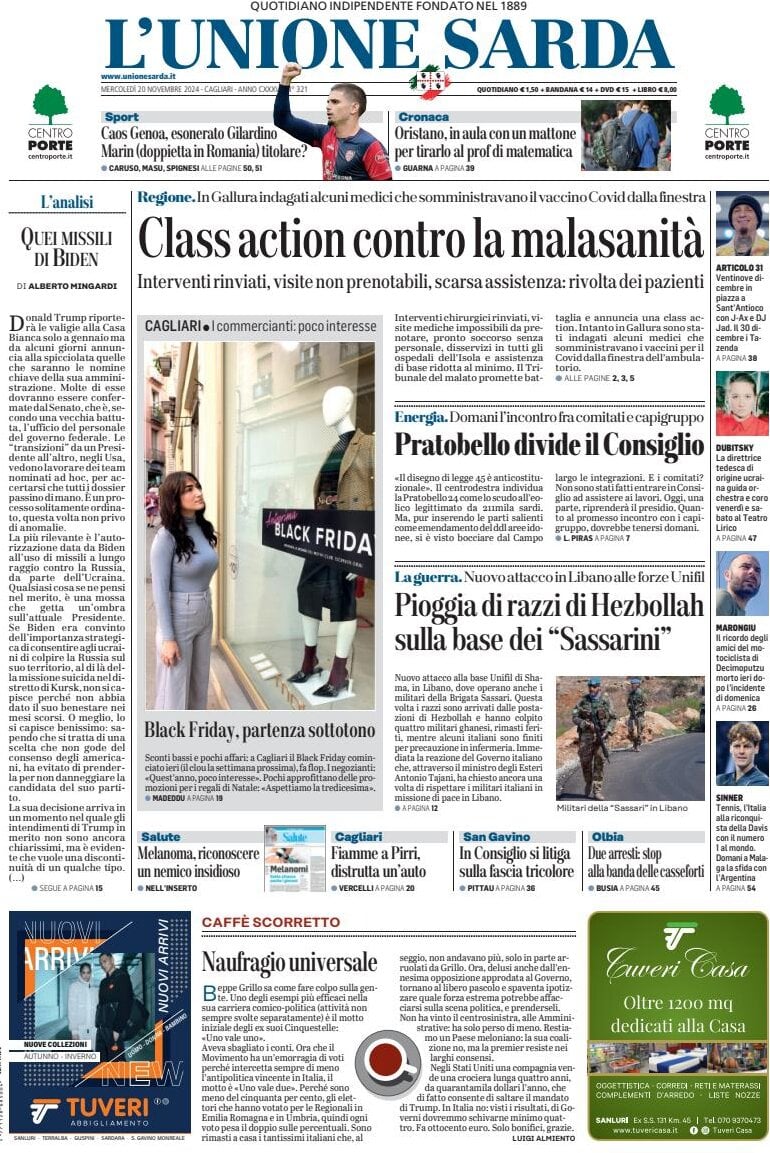 anteprima della prima pagina di L'Unione Sarda