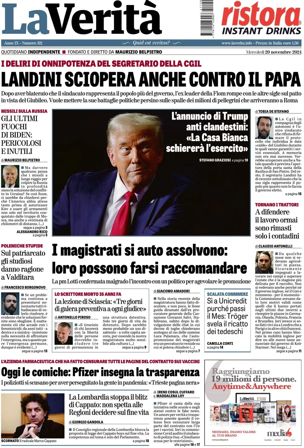 anteprima della prima pagina di La Verità