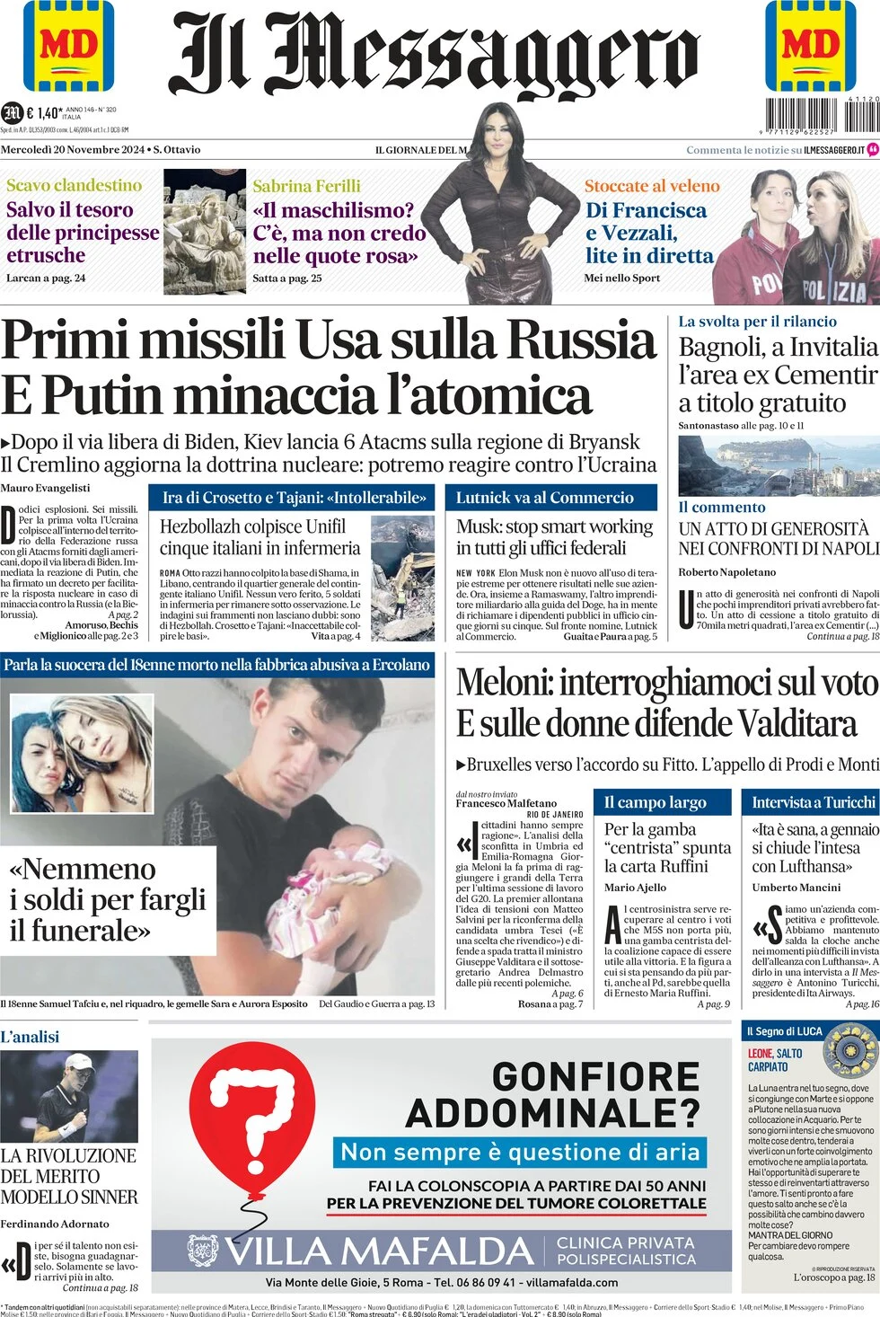 anteprima della prima pagina di Il Messaggero