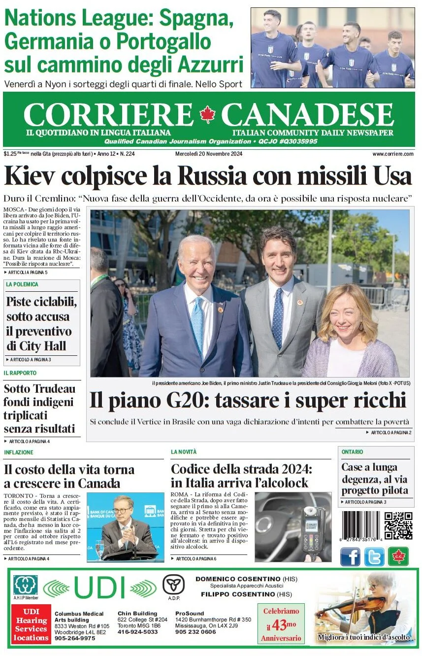 anteprima della prima pagina di Corriere Canadese