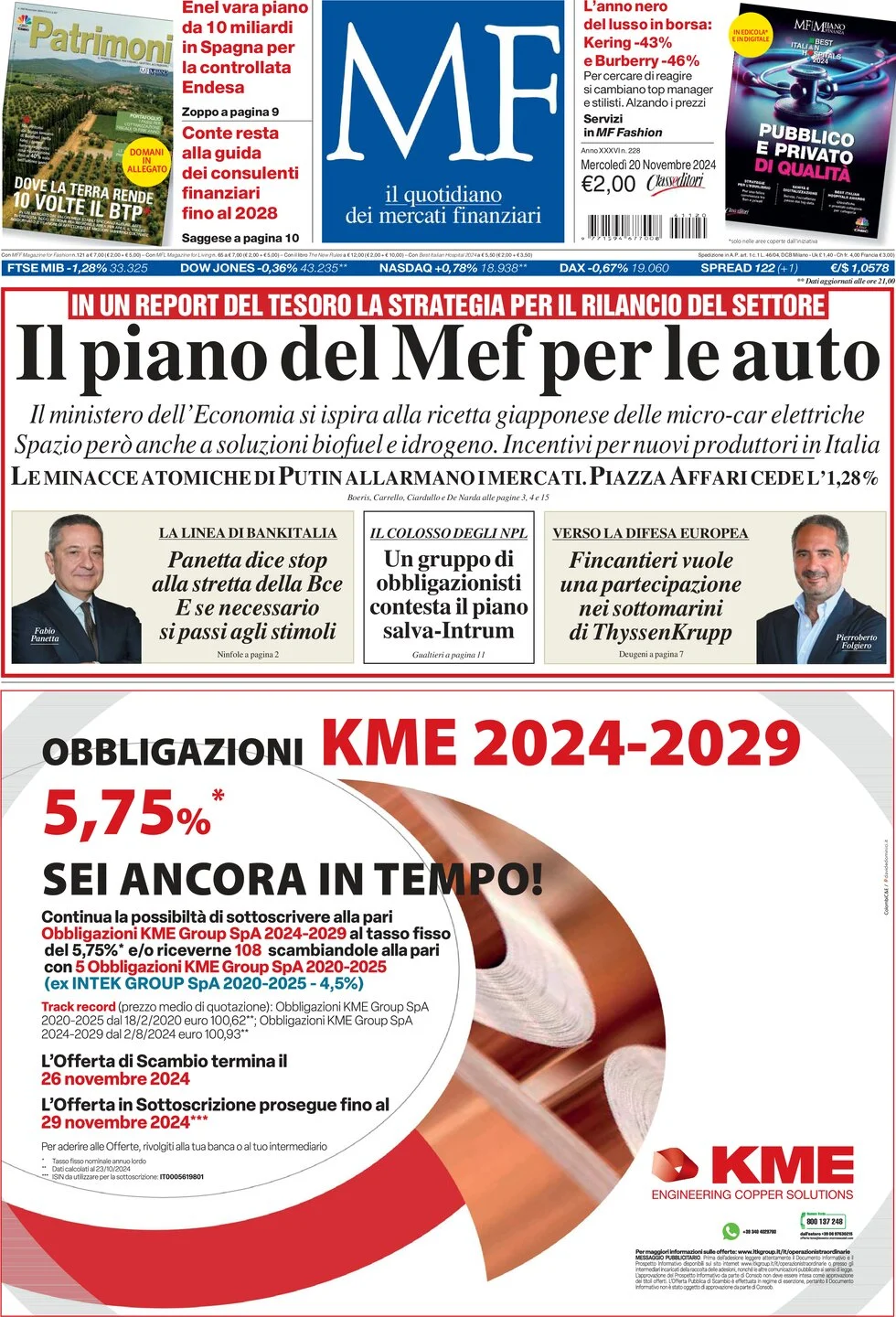 anteprima della prima pagina di MF Milano Finanza