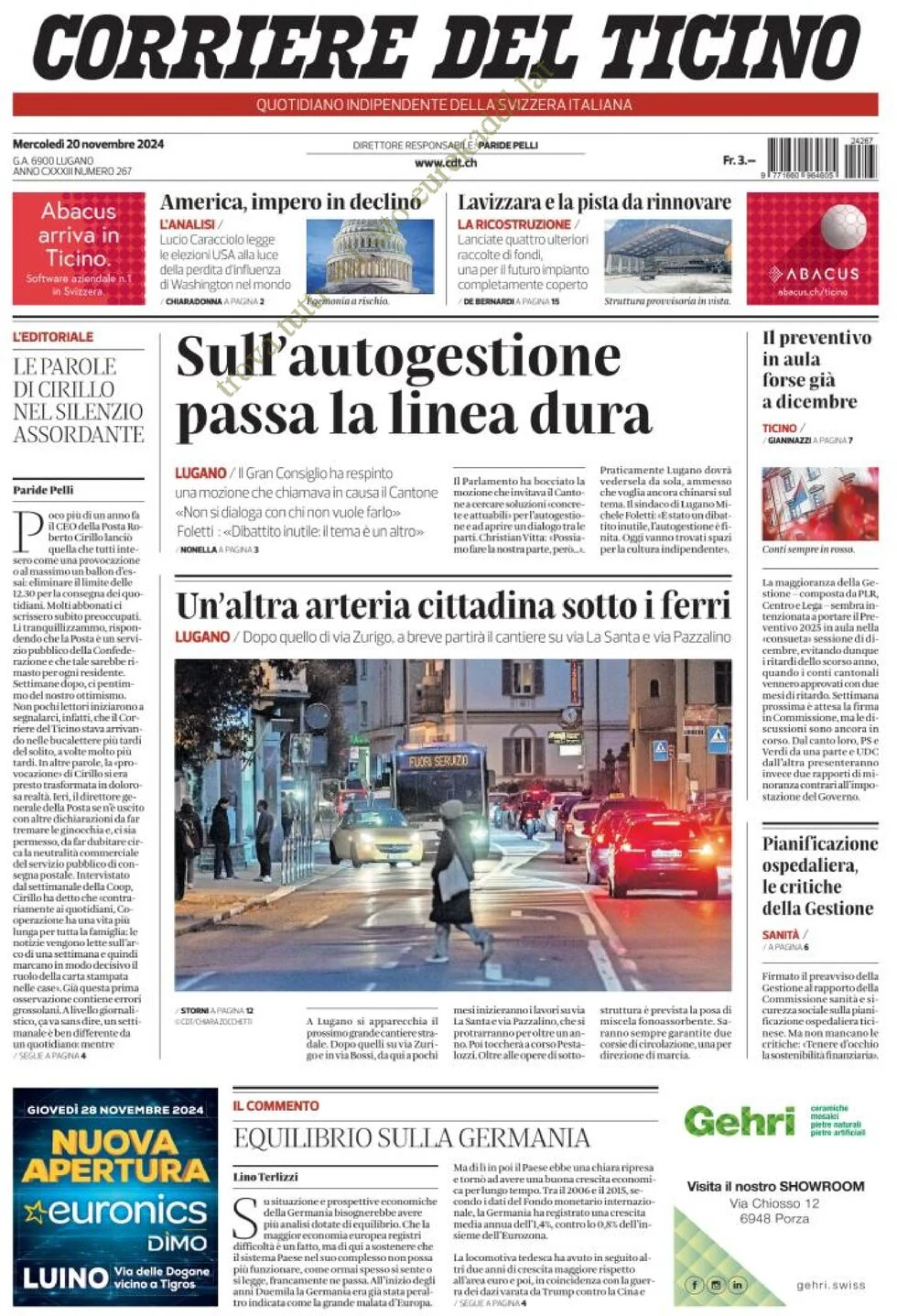 anteprima della prima pagina di Corriere del Ticino