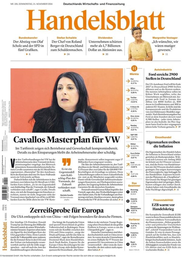 anteprima della prima pagina di Handelsblatt