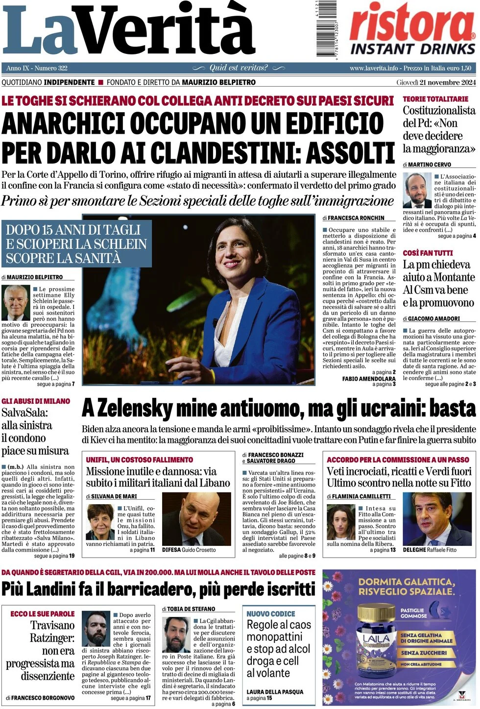 anteprima della prima pagina di La Verità