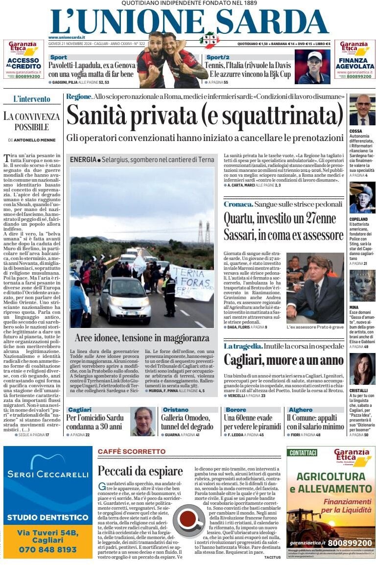 anteprima della prima pagina di L'Unione Sarda