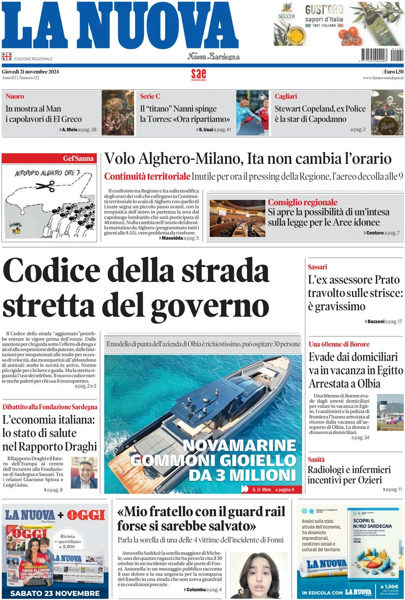 anteprima della prima pagina di La Nuova Sardegna