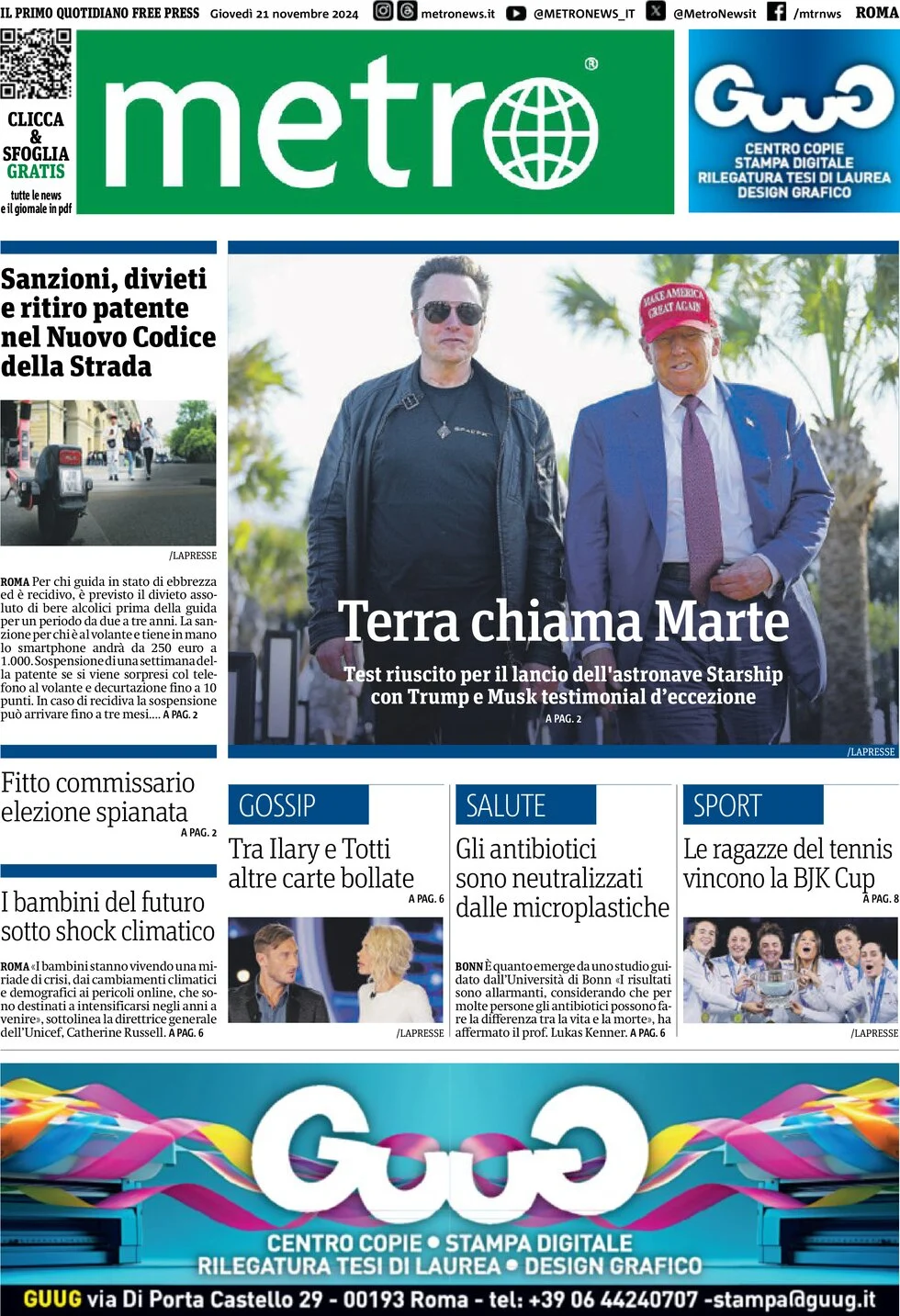 anteprima della prima pagina di Metro (Roma)