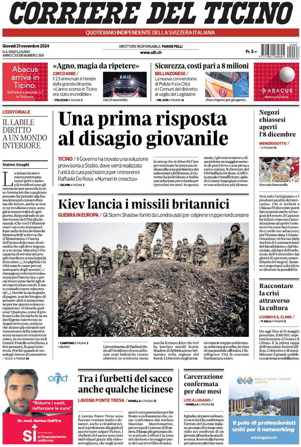 anteprima della prima pagina di Corriere del Ticino