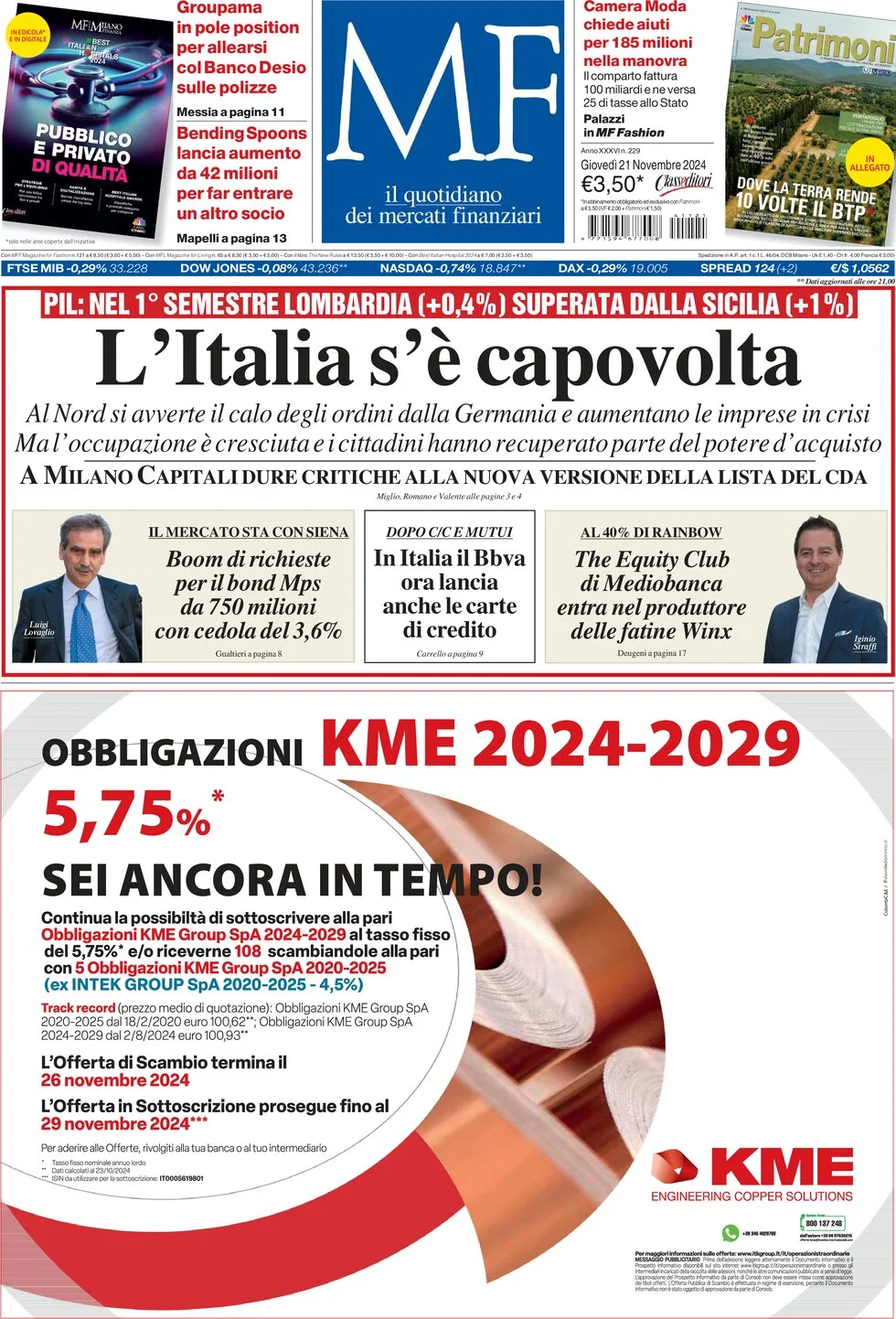 anteprima della prima pagina di MF Milano Finanza