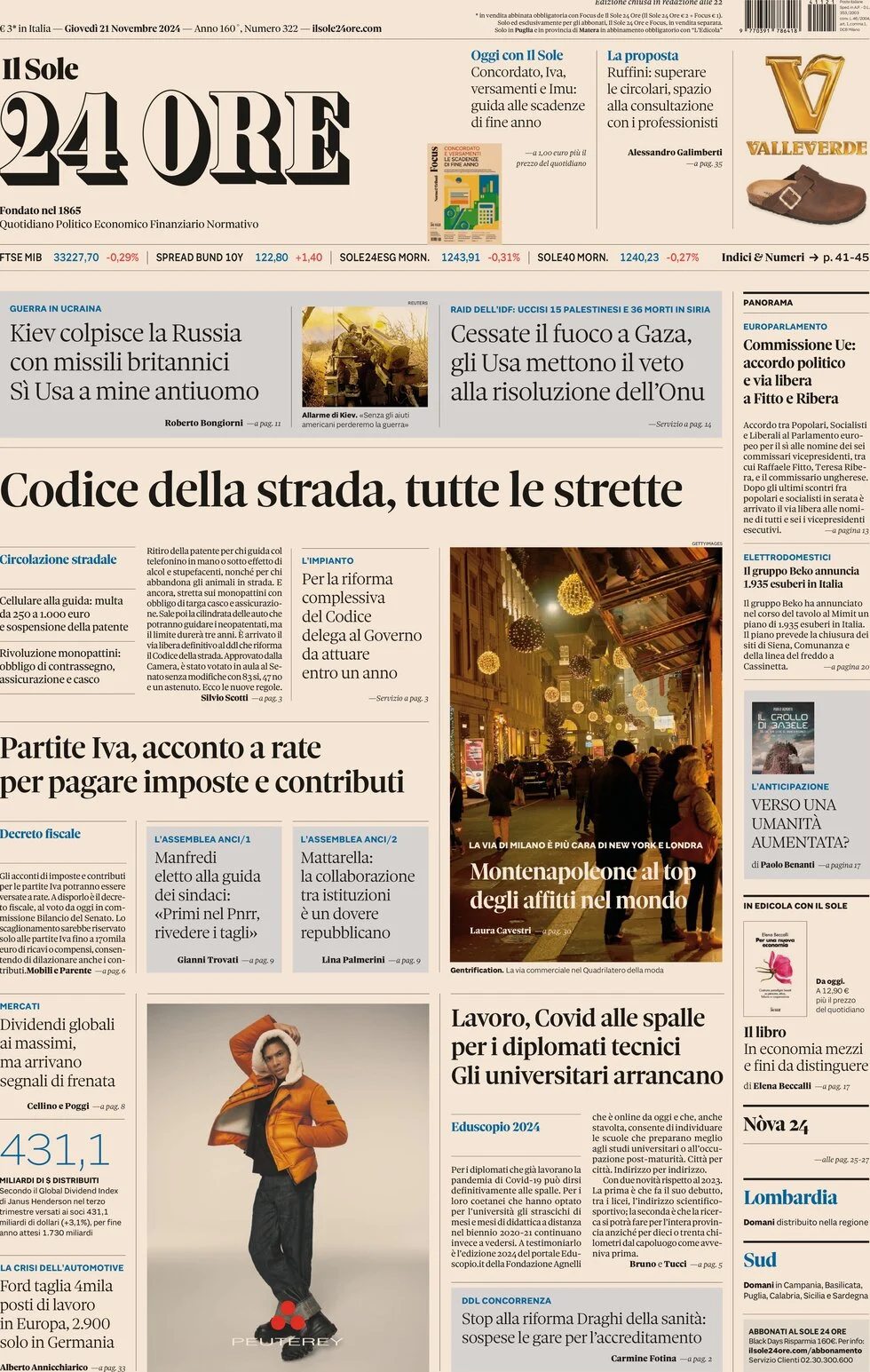 anteprima della prima pagina di Il Sole 24 Ore