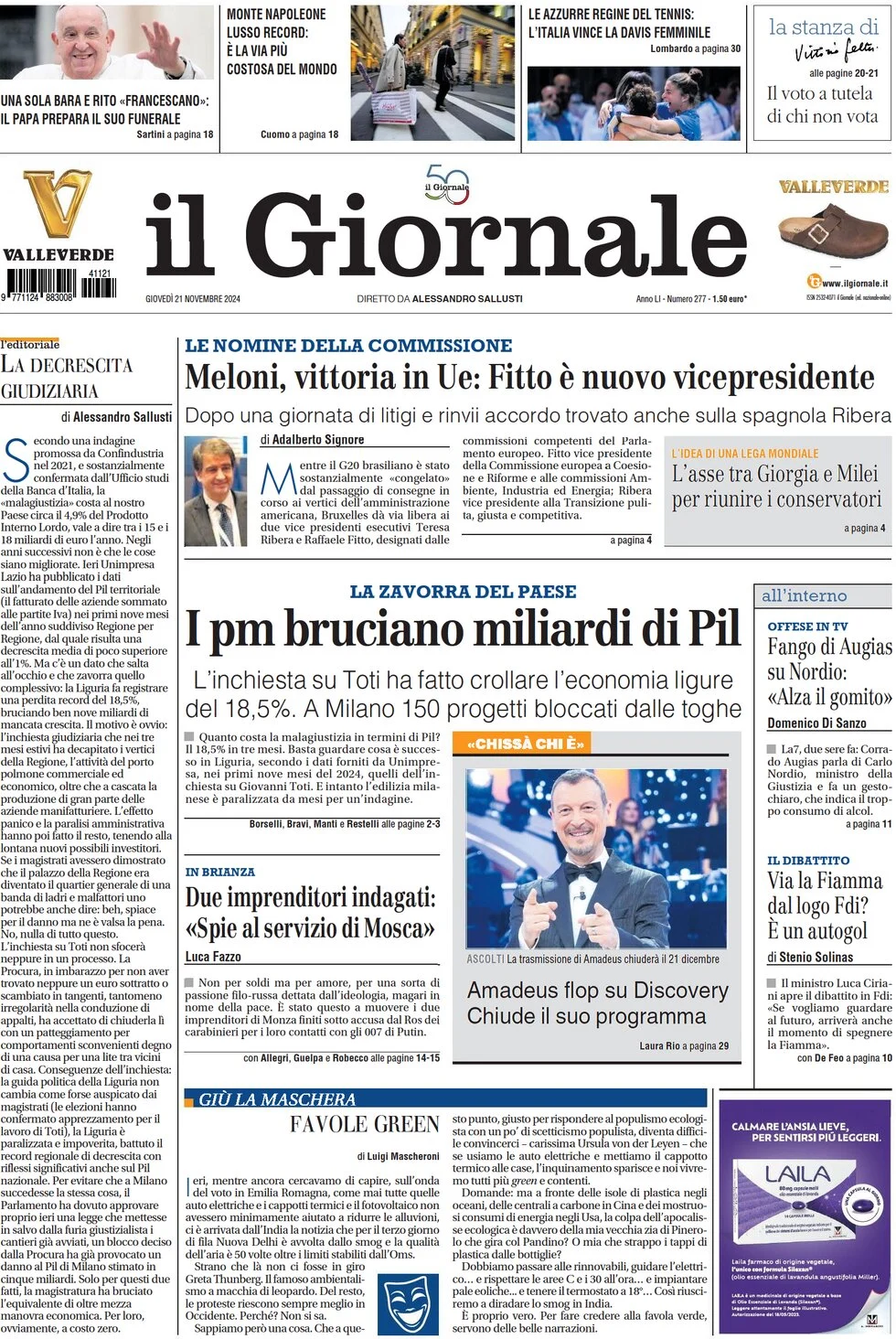 anteprima della prima pagina di Il Giornale