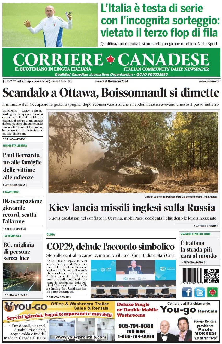 anteprima della prima pagina di Corriere Canadese