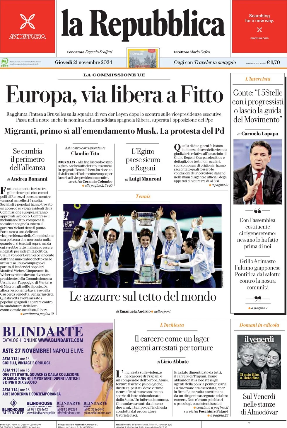 anteprima della prima pagina di La Repubblica