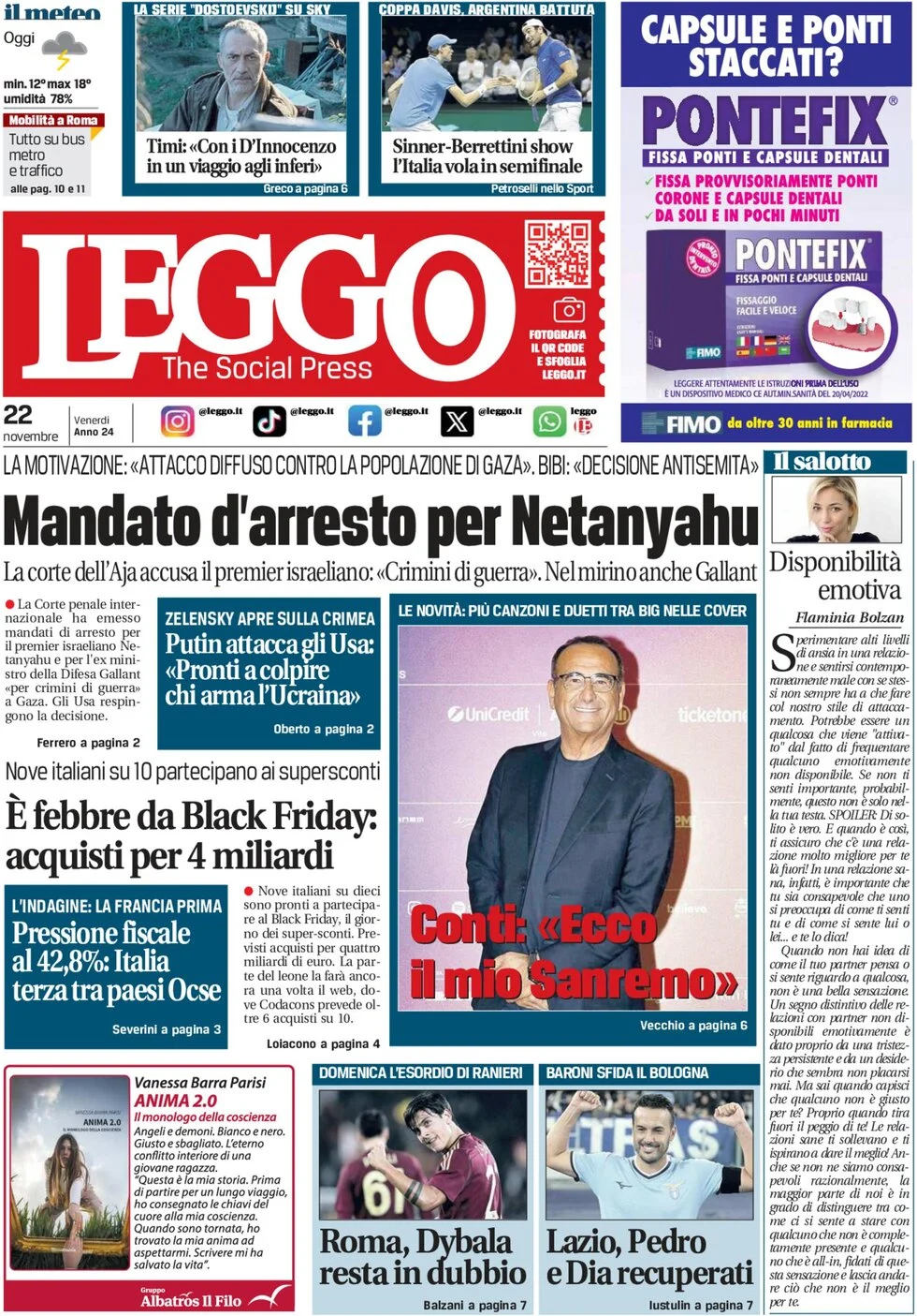 anteprima della prima pagina di leggo-roma del 22/11/2024