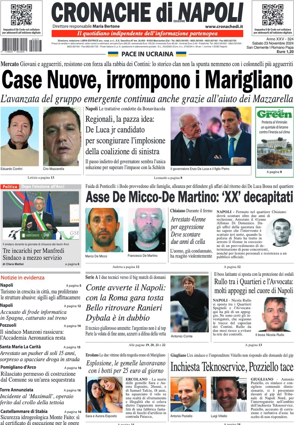 anteprima della prima pagina di cronache-di-napoli del 23/11/2024