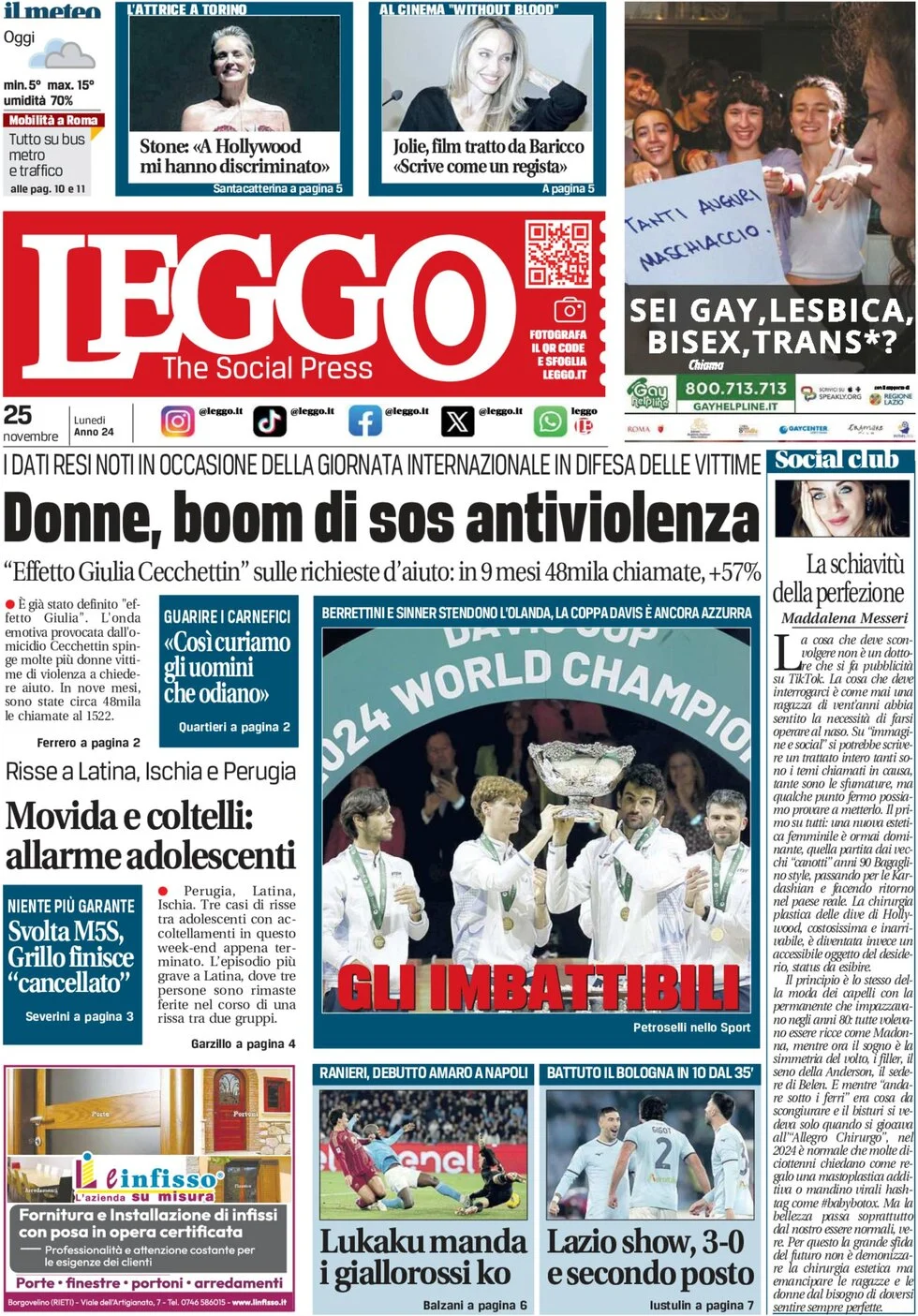 anteprima della prima pagina di leggo-roma del 25/11/2024