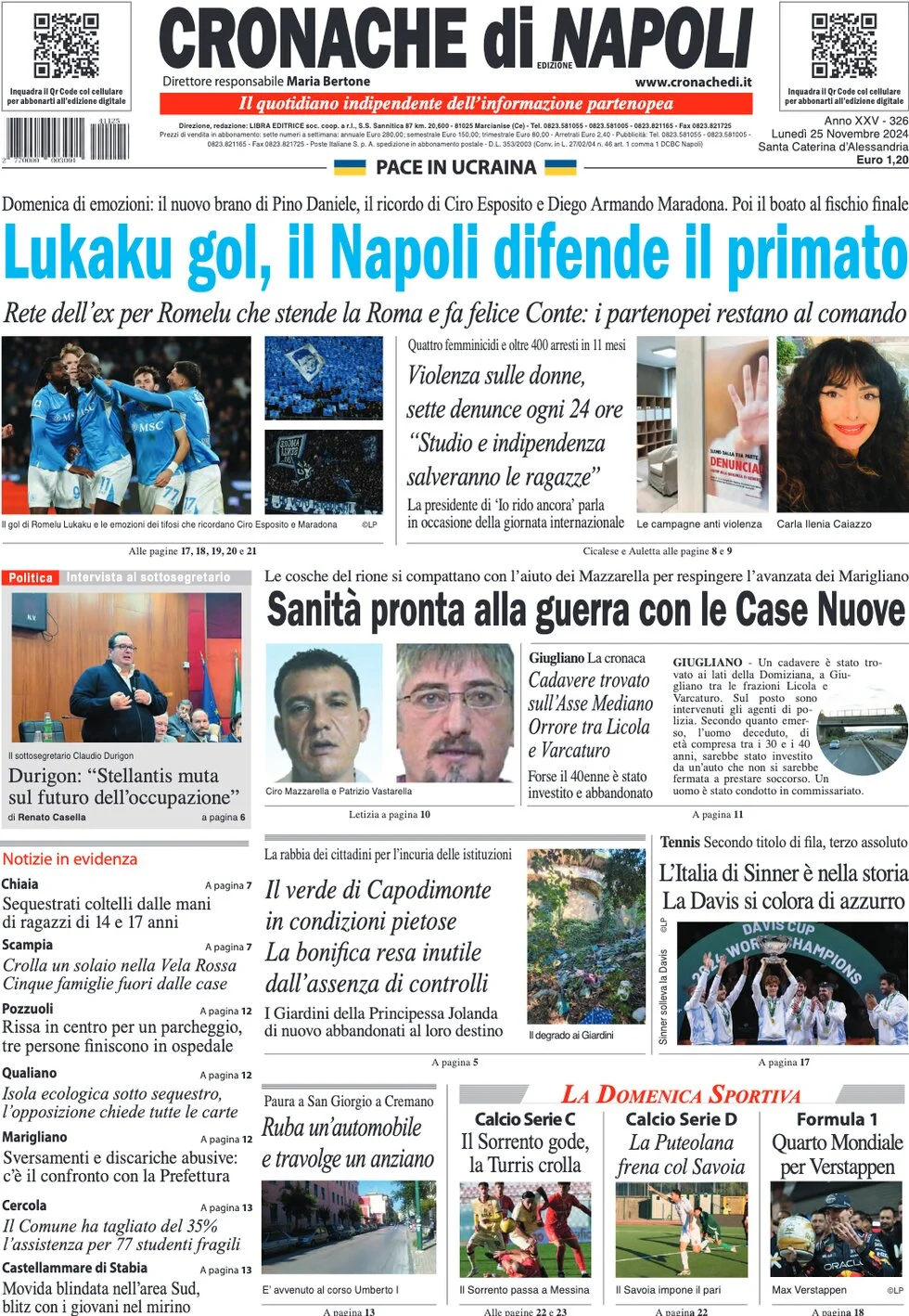 anteprima della prima pagina di cronache-di-napoli del 25/11/2024