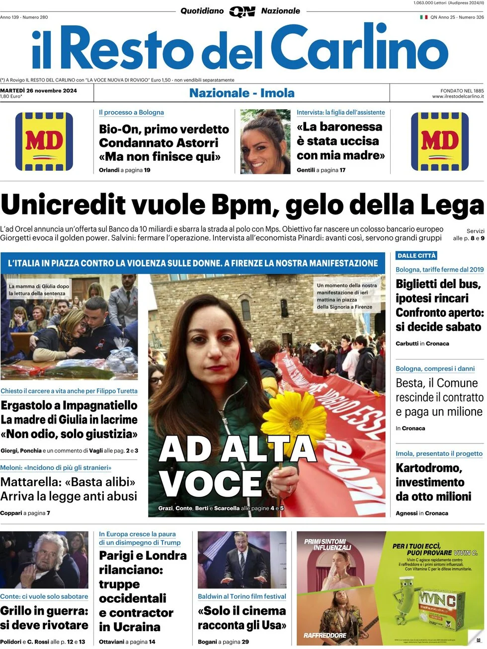 anteprima della prima pagina di il-resto-del-carlino del 26/11/2024