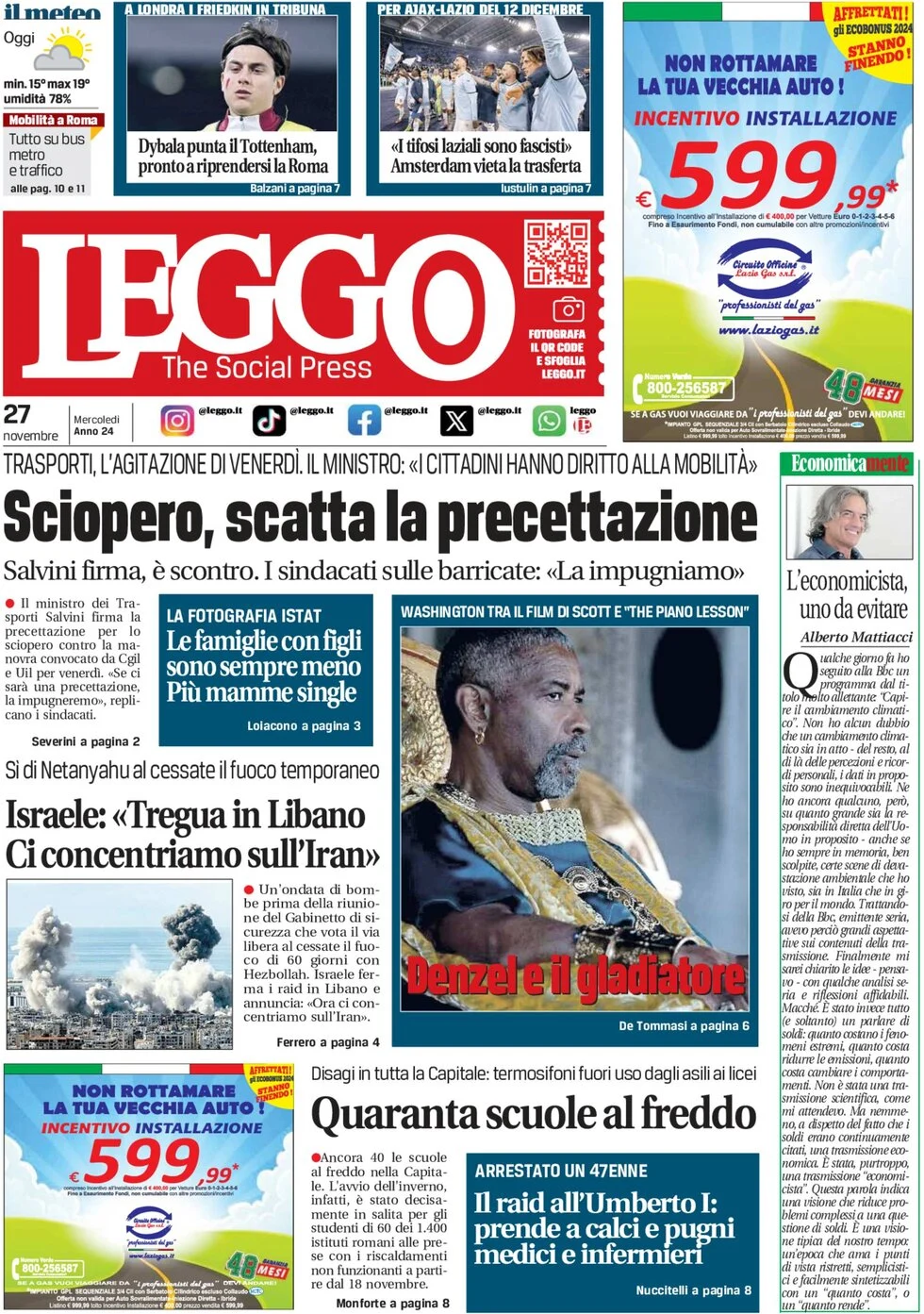 anteprima della prima pagina di leggo-roma del 27/11/2024